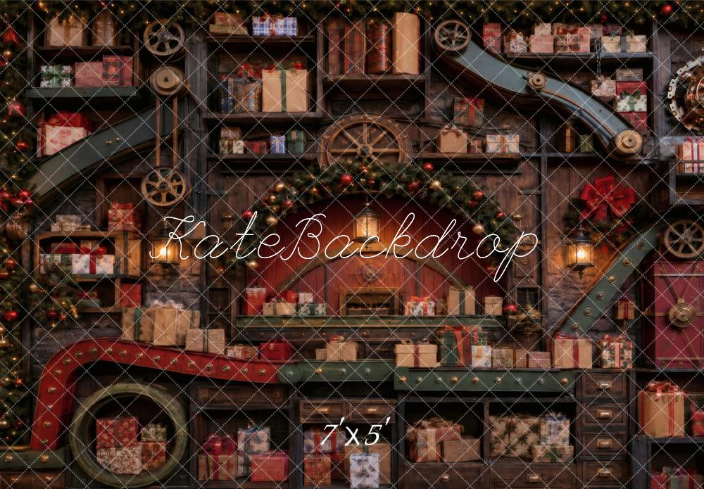 Kate Christmas Workshop Conveyor Shelves Presents Garland Printed Backdrop Designed by Vertigo Productions