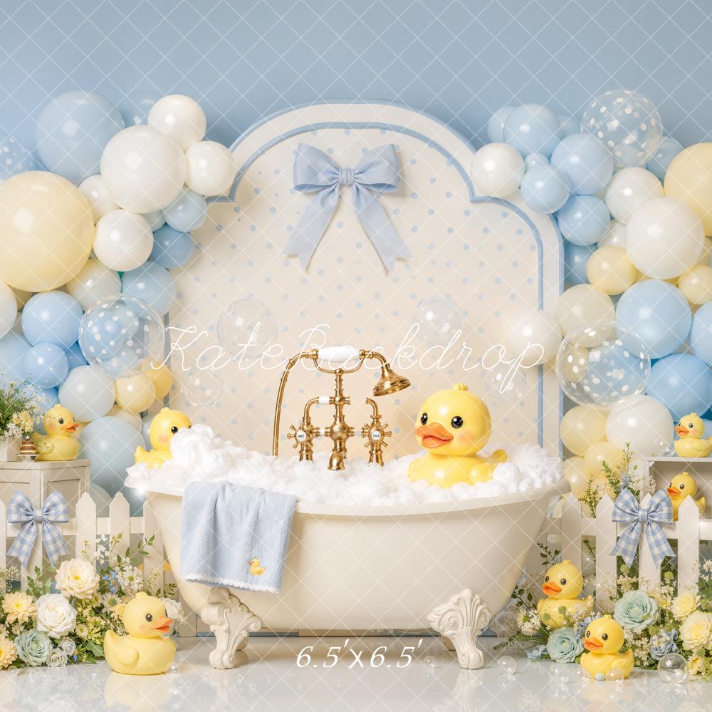 Kate Baby Shower Spring Floral Blue Balloon Bathtub Rubber Duck  Printed Backdrop Designed by Emetselch
