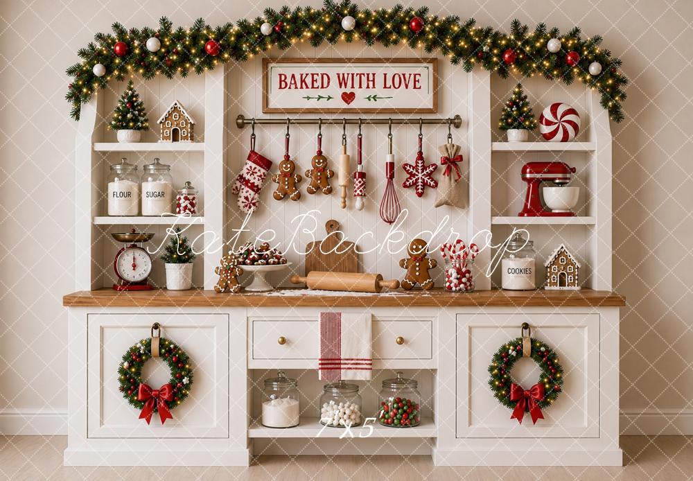 Kate Christmas Baking White Kitchen Cabinet Printed Backdrop Designed by Caitlin Lynch
