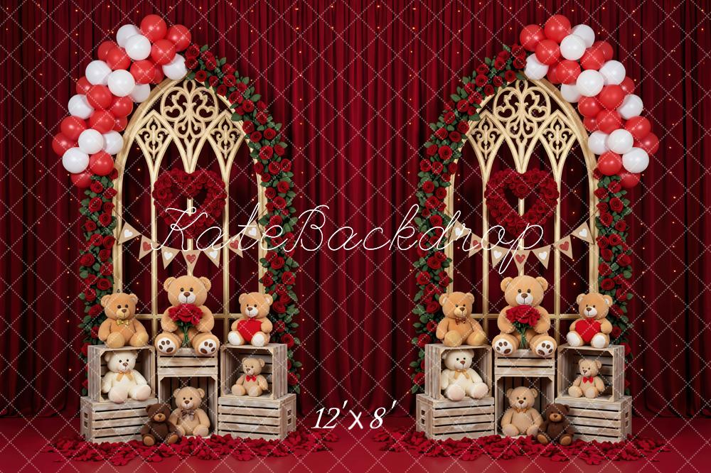 Kate Valentine's Day Flower Arch Teddy Bears Red Balloons Backdrop Designed by Mini MakeBelieve