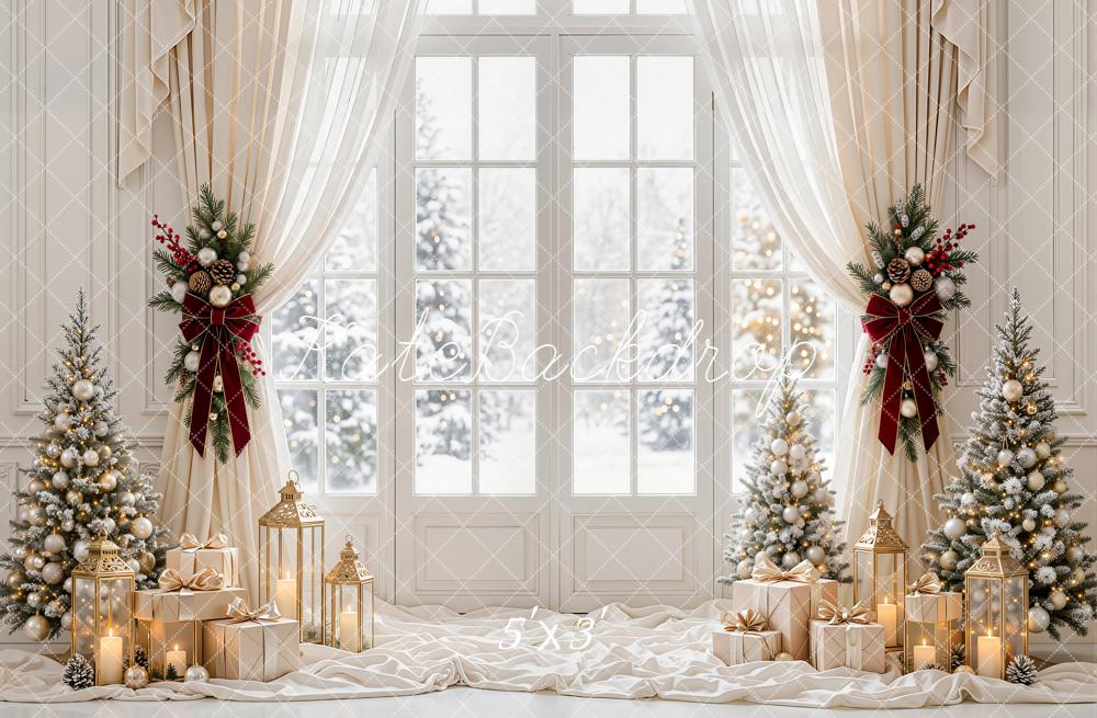 Kate Christmas White Window Curtains Christmas Trees Gift Boxes Lanterns Printed Backdrop Designed by Emetselch