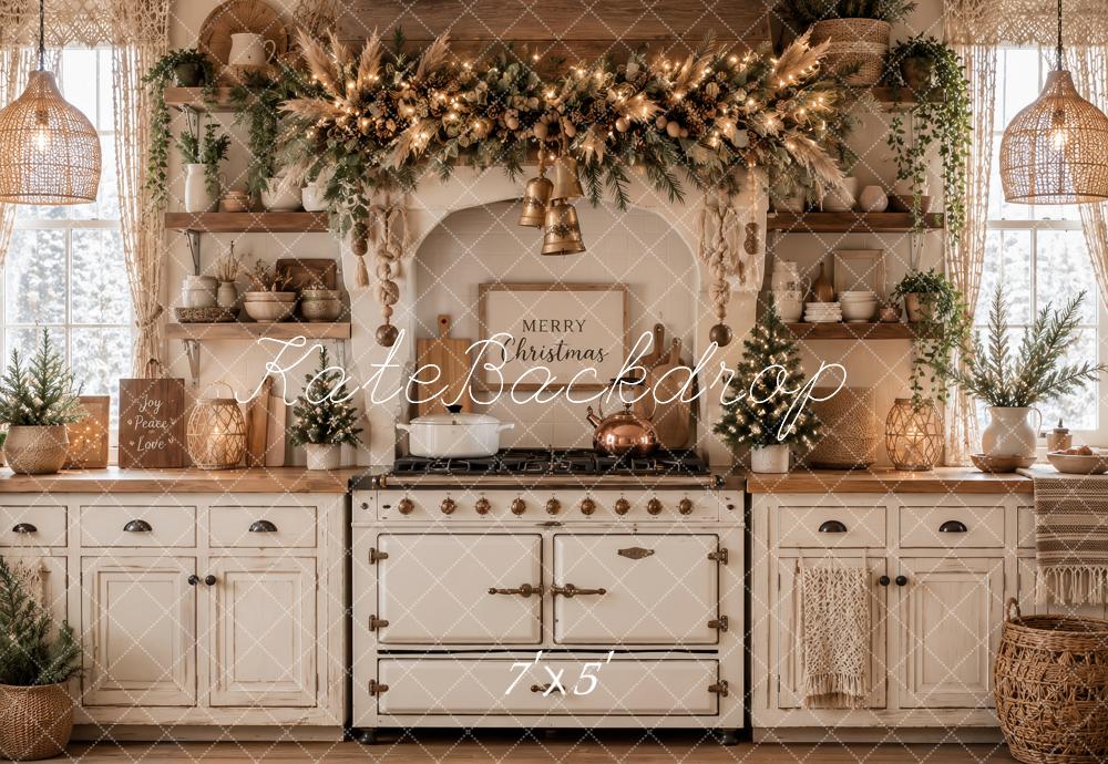 Kate Christmas Kitchen Boho Farmhouse Garland White Cabinet Printed Backdrop Designed by Ashley Paul