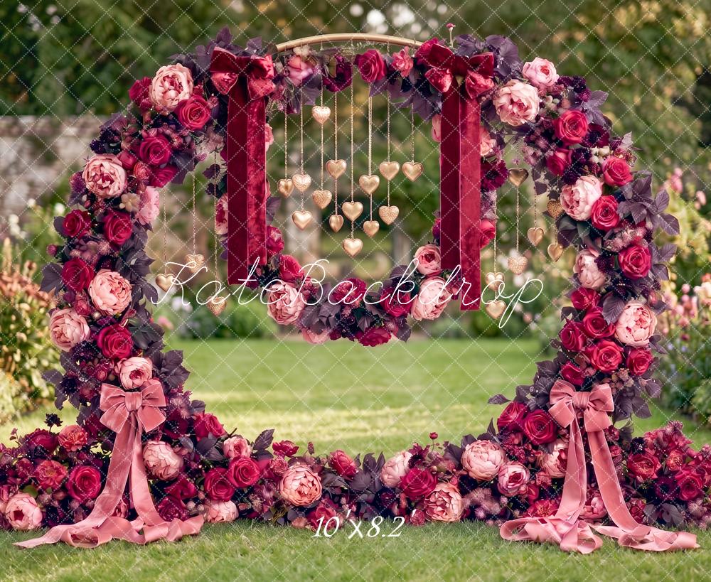 Kate Valentines Outdoor Floral Arch Hanging Hearts Garden Printed Backdrop Designed by Angela Miller