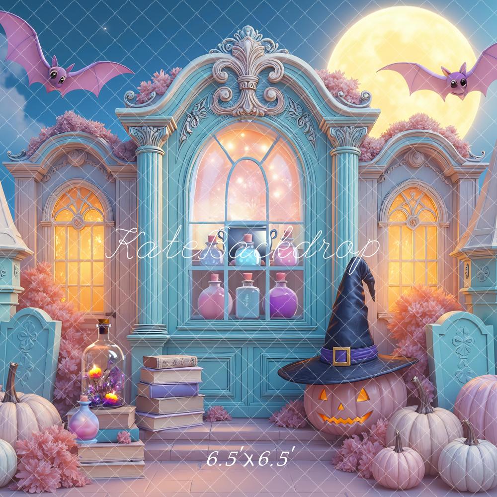 Kate Halloween Enchanted Castle Pumpkins Full Moon Bats Backdrop Designed by Mini MakeBelieve