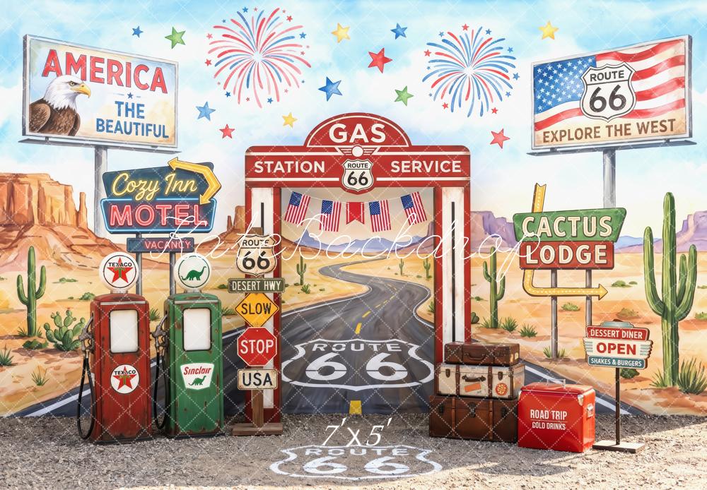Kate Route 66 Gas Station Desert Motel Fireworks Printed Backdrop Designed by Patty Roberts
