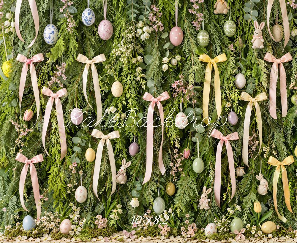 Kate Easter Bow Ribbon Bunny Floral Greenery Egg  Printed Backdrop Designed by Emetselch