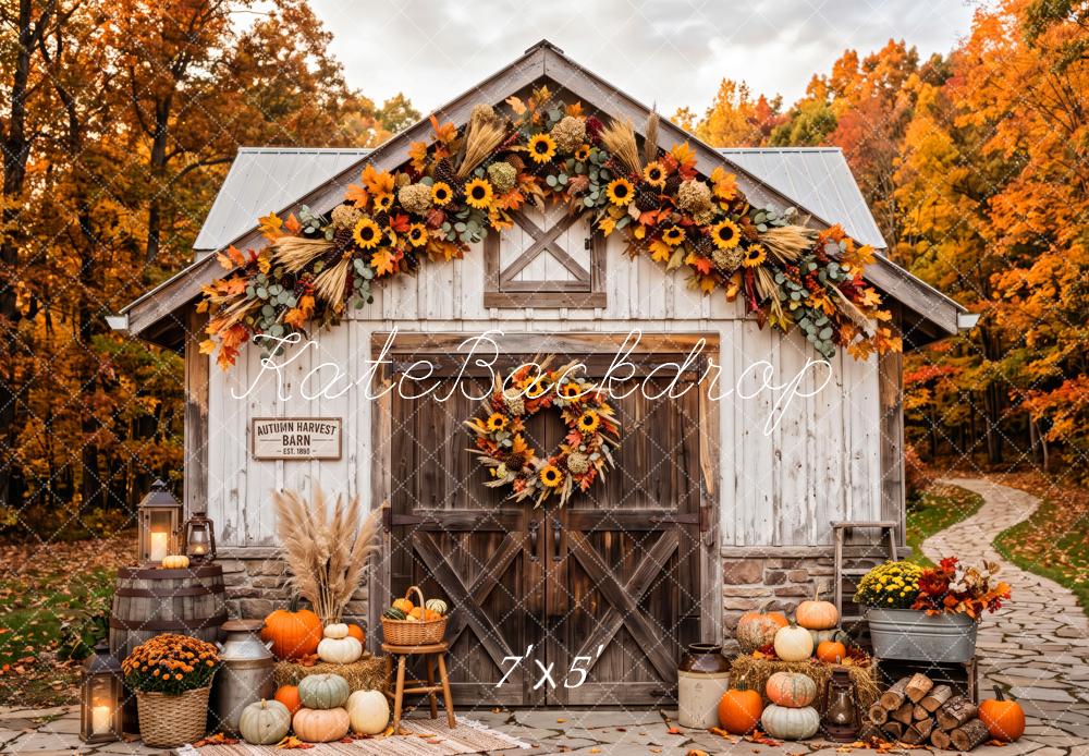 Kate Fall Wood Barn Sunflowers Pumpkins Harvest Forest Printed Backdrop Designed by Patty Roberts