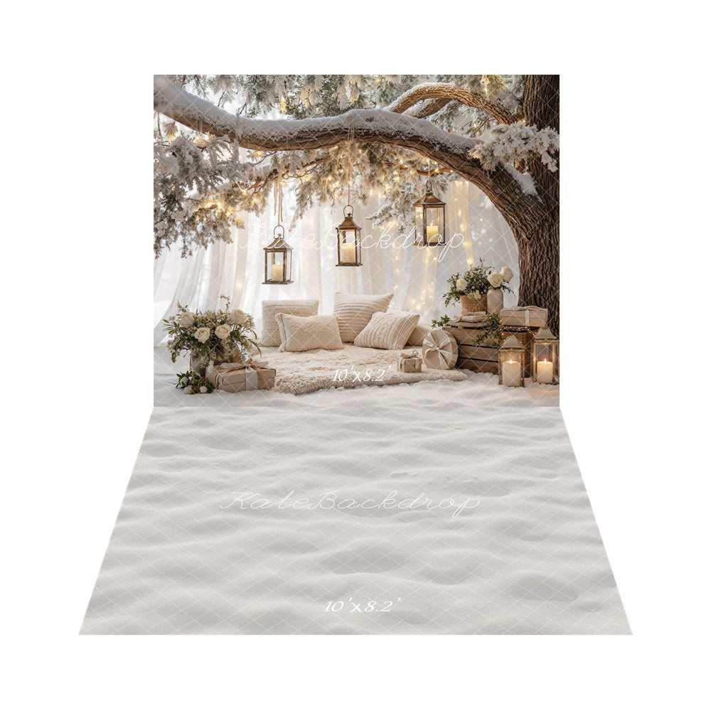 Kate Christmas Branch Arch Snowy Tree Lanterns Pillows Gifts Printed Backdrop+Winter White Snow Floor Printed Backdrop