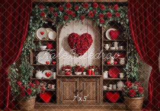 Kate Valentines Red Roses Heart Rustic Cabinet Curtains Printed Backdrop Designed by Emetselch
