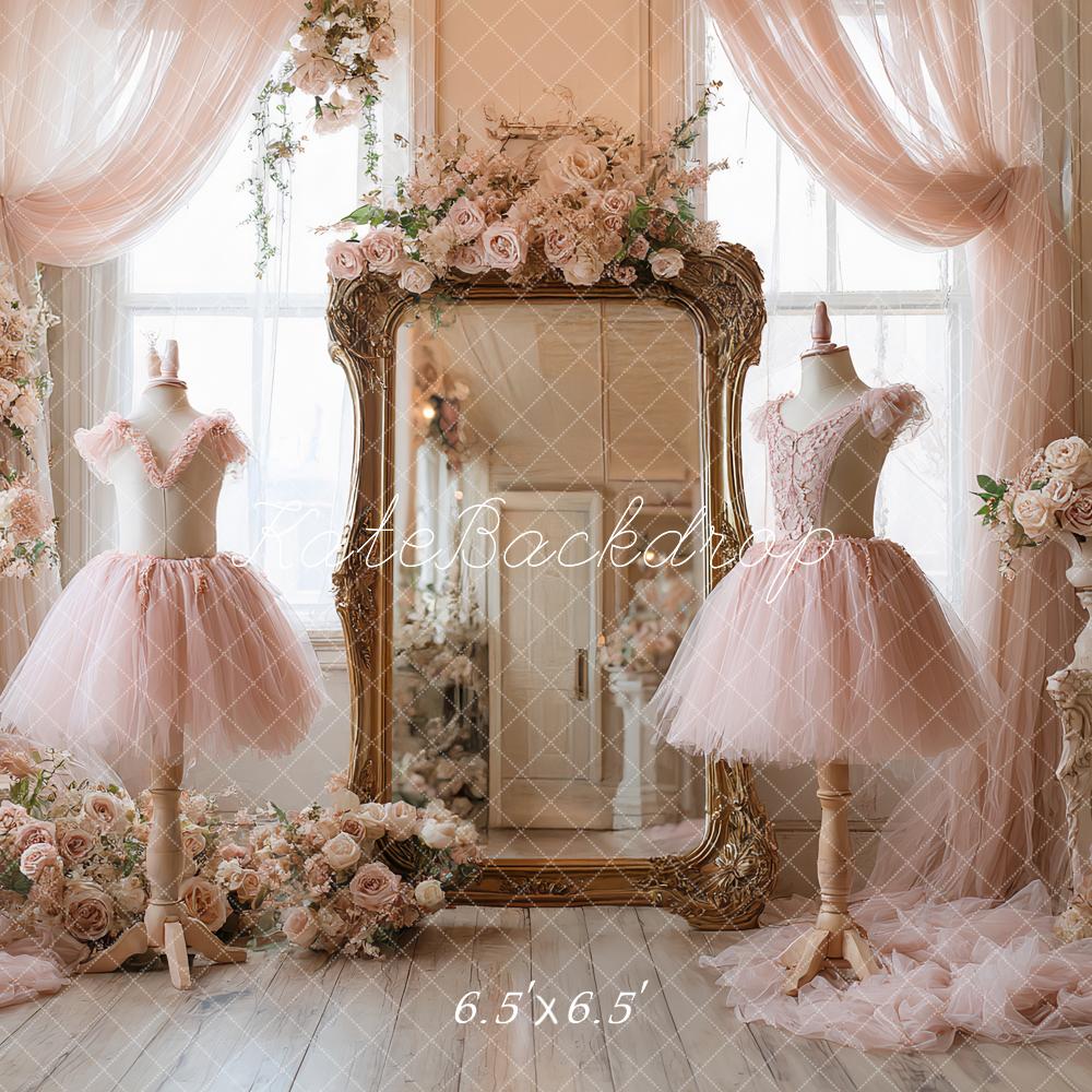 Kate Elegant Ballet Dress Studio Floral Mirror Pink Printed Backdrop Designed by Ashley Paul, Microfiber (Printed) / 6.5x6.5ft - sitting kids / Kate Elegant Ballet Dress Studio Floral Mirror Pink Printed Backdrop Designed by Ashley Paul, Microfiber (Printed) / 6.5x6.5ft - sitting kids /