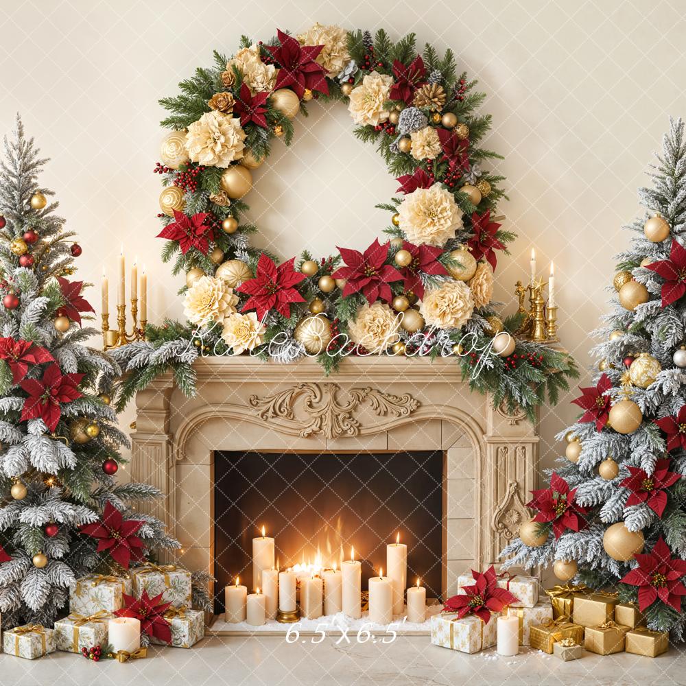 Kate Christmas Fireplace Frosted Trees Wreath Gifts Candles Backdrop Designed by Emetselch