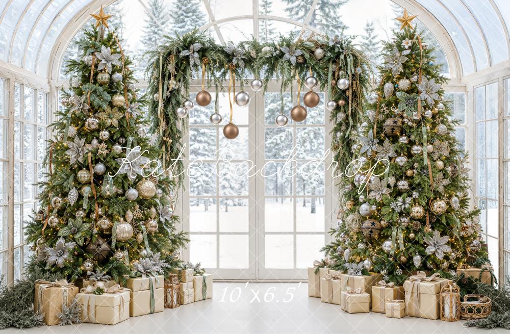 Kate Christmas Greenhouse Trees Garland Gifts Gold Ornaments Printed Backdrop Designed by Emetselch