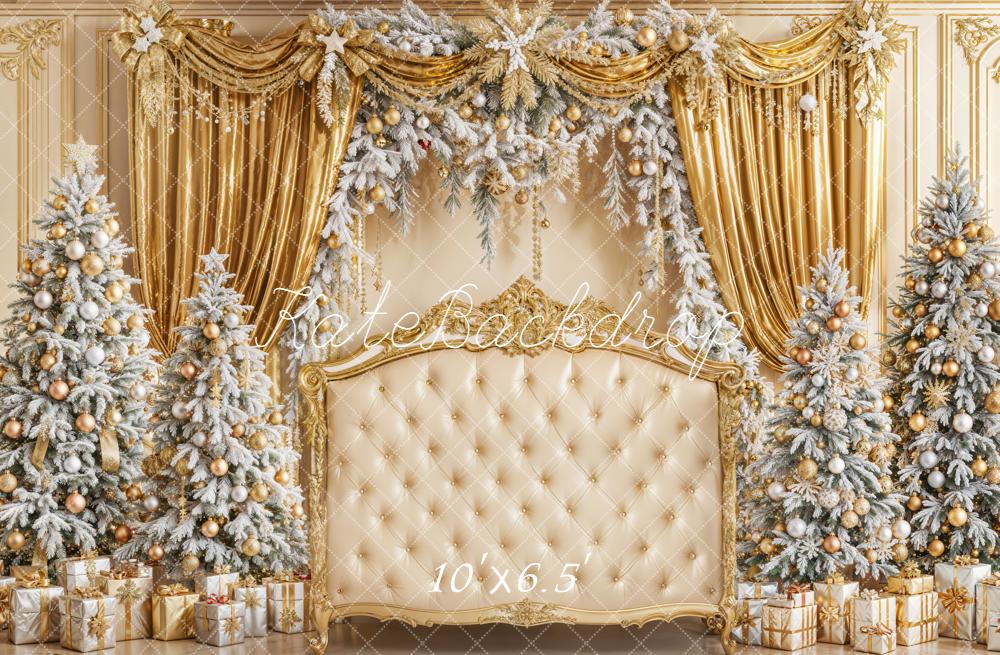 Kate Christmas Trees Headboard Gold Curtains Backdrop Designed by Emetselch
