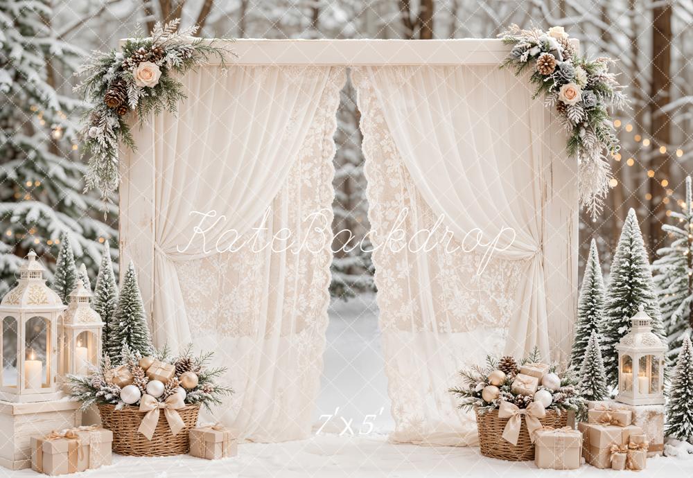 Kate Christmas White Lace Drapes Winter Flower Arch Snow Printed Backdrop Designed by Emetselch
