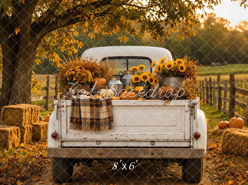 Kate Fall White Truck Rustic Sunflowers Pumpkins Hay Bales Printed Backdrop Designed by Emetselch