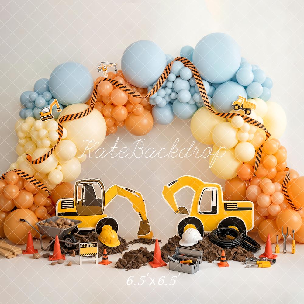 Kate Cake Smash Construction Trucks Balloon Arch Tools Printed Backdrop Designed by Emetselch