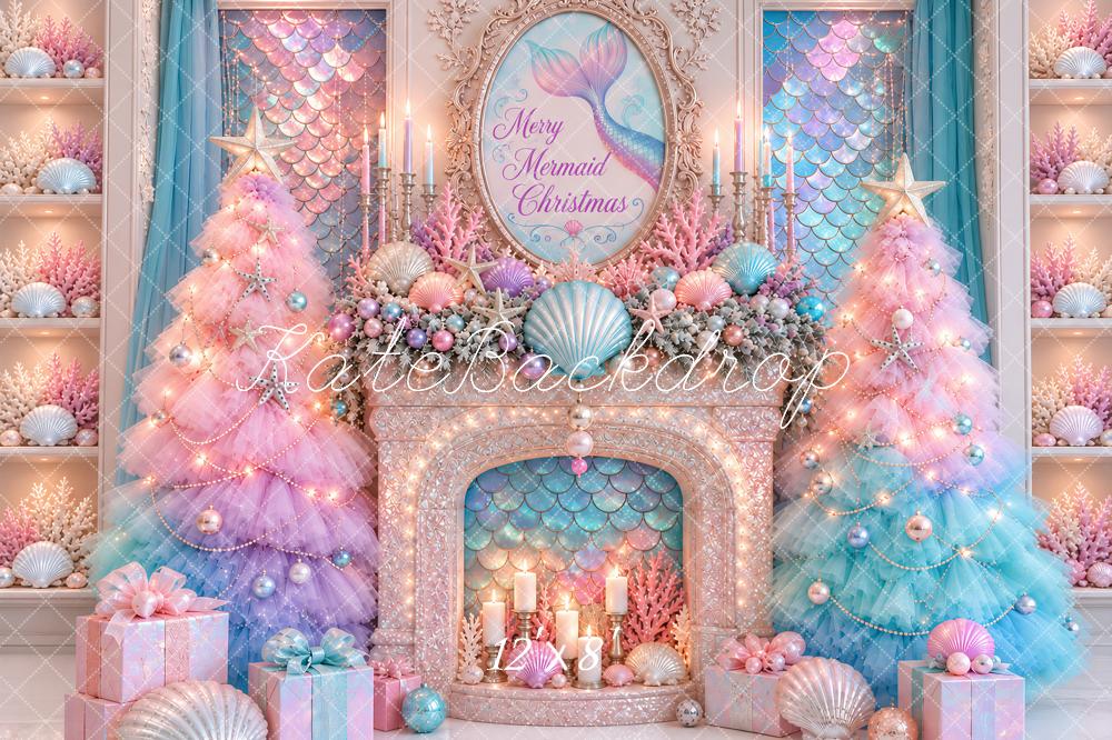 Kate Christmas Mermaid Seashell Fireplace Printed Backdrop Designed by Ashley Paul