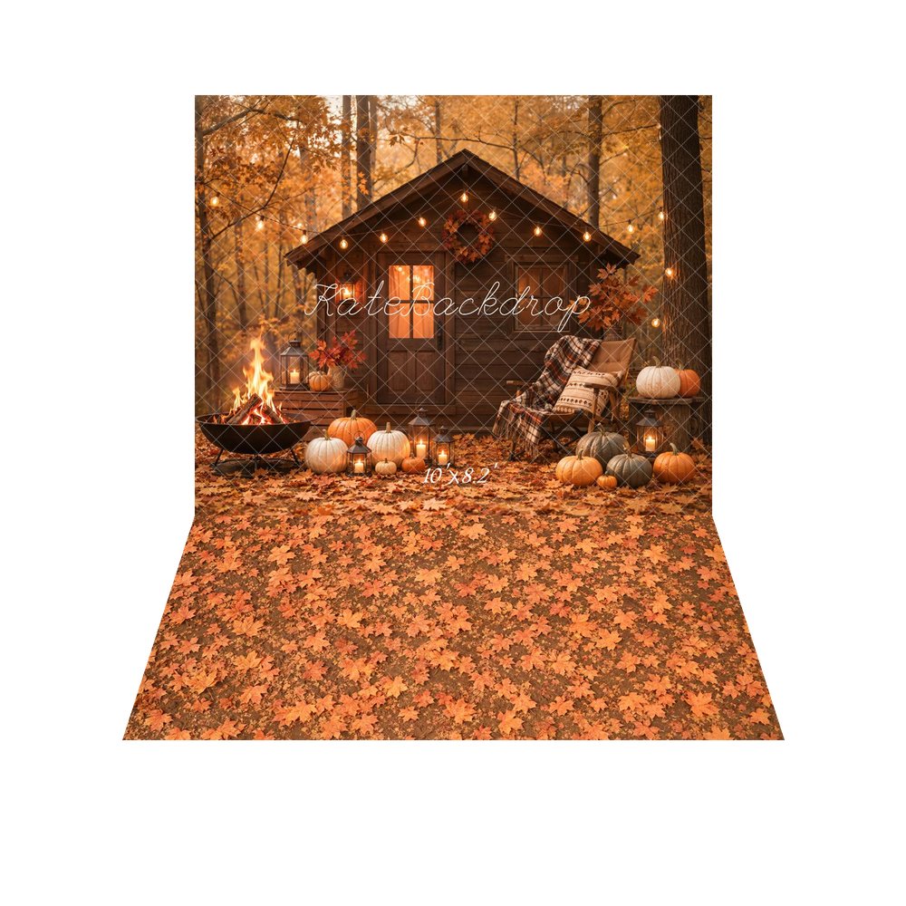 Kate Fall Pumpkin Cabin Fire Pit Lantern String Lights Printed Backdrop+Fall Orange Maple Leaves Floor Backdrop Printed Backdrop