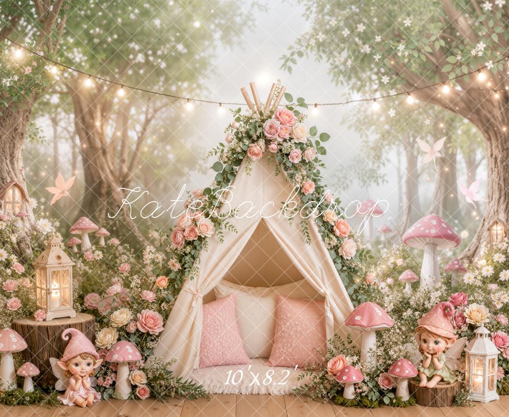 Kate Fairy Fantasy Tent Pink Mushrooms Flowers Forest Printed Backdrop Designed by Emetselch