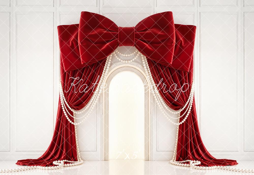 Kate Red Bow Drapes Pearls Arch Wall Backdrop Designed by Emetselch