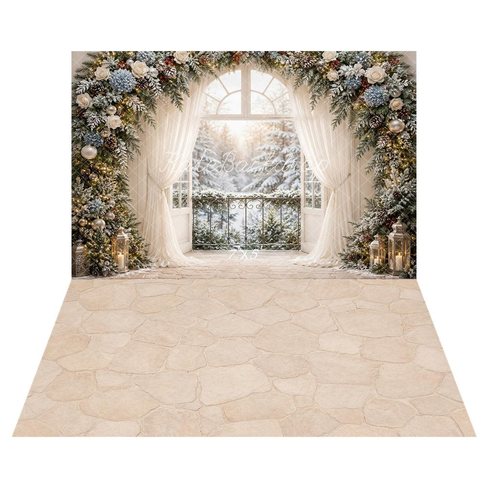 Kate Christmas Snowy Flower Arched Window Curtains Lanterns Printed Backdrop+Beige Cobblestone Abstract Texture Printed Backdrop