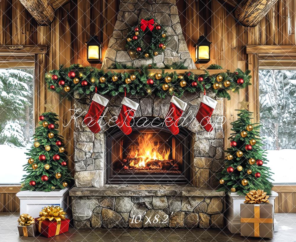 Kate Christmas Fireplace Garland Stockings Stone Wall Backdrop Designed by Mini MakeBelieve