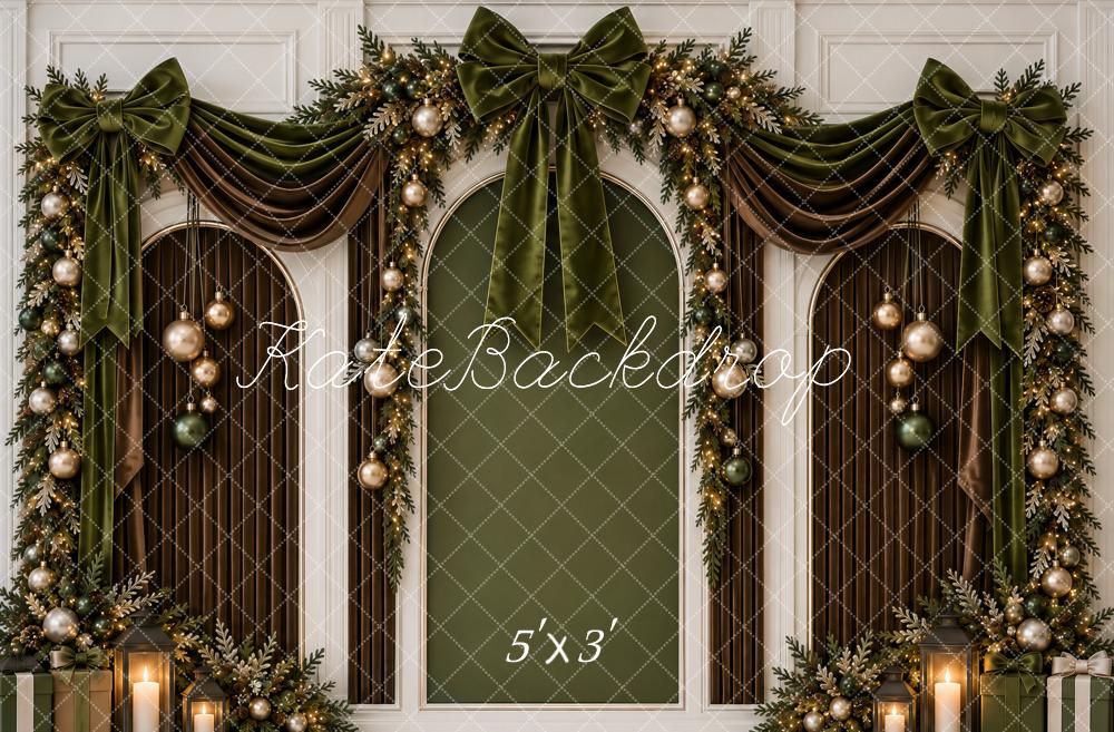 Kate Christmas Arched Wall Green Velvet Bow Garland Printed Backdrop Designed by Ashley Paul