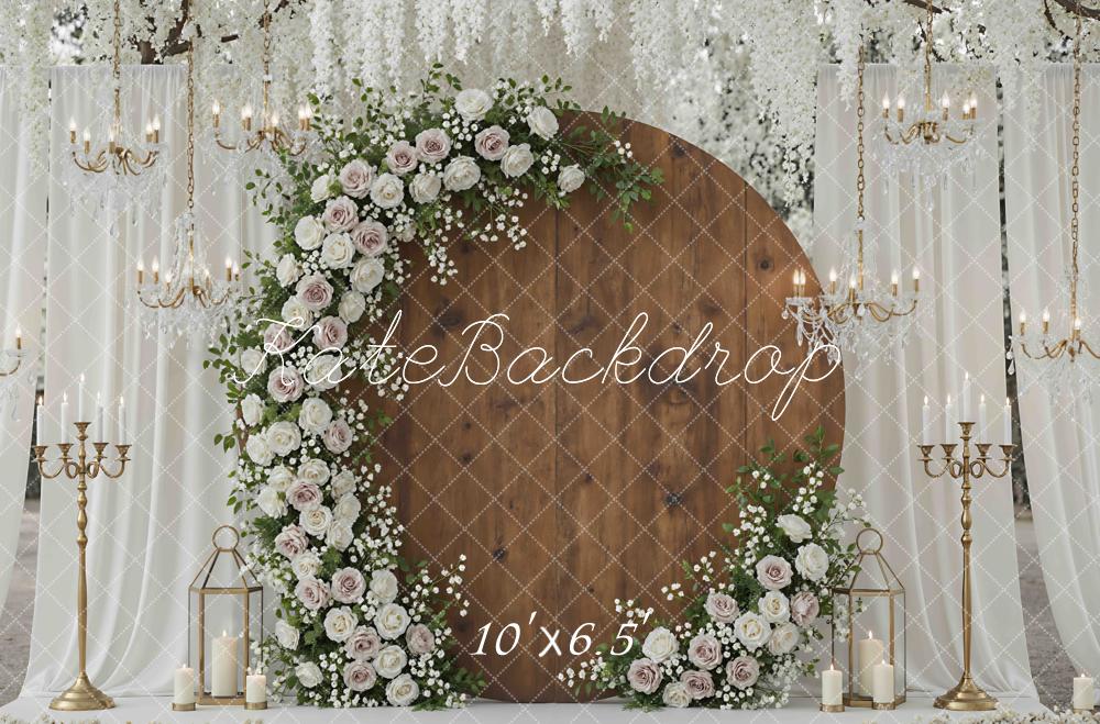 Kate Spring Circle Flower Arch Chandeliers Wood Curtains Backdrop Designed by Mini MakeBelieve