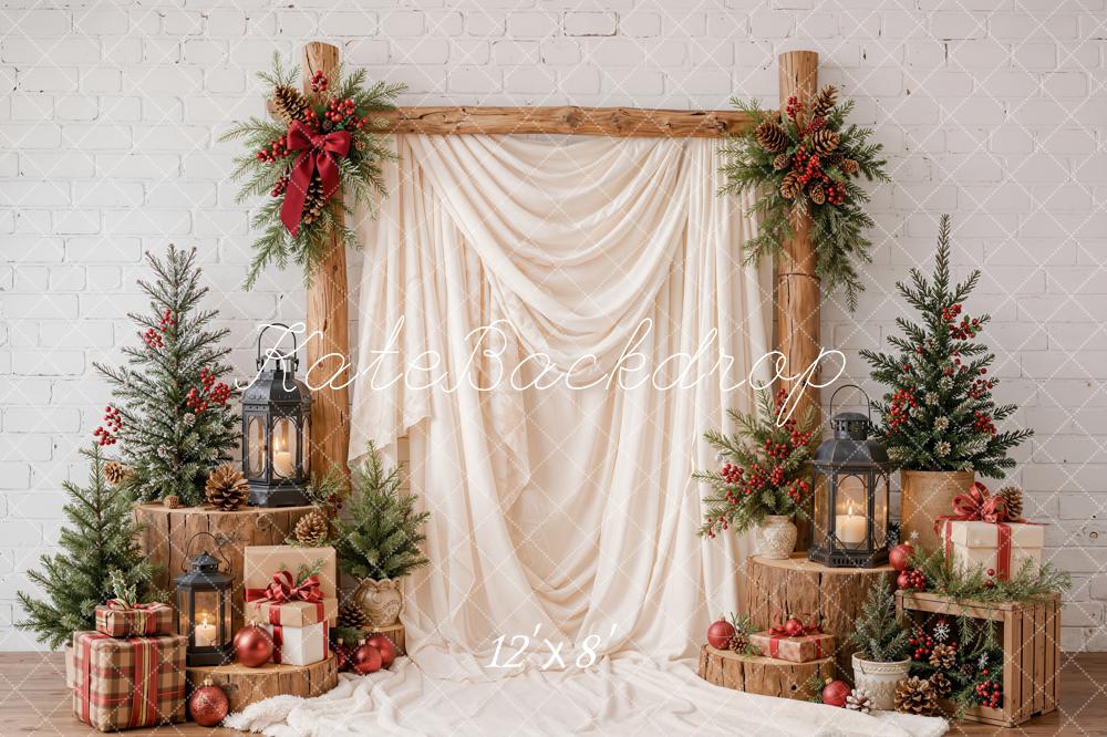 Kate Christmas Wood Arch Pine Trees White Drapes Lanterns Presents Printed Backdrop Designed by Emetselch