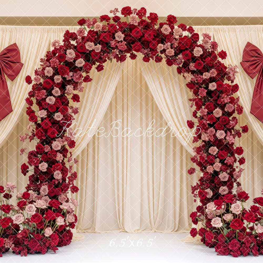 Kate Valentine's Day Flower Arch Red Bow Cream Drapes Backdrop Designed by Patty Roberts