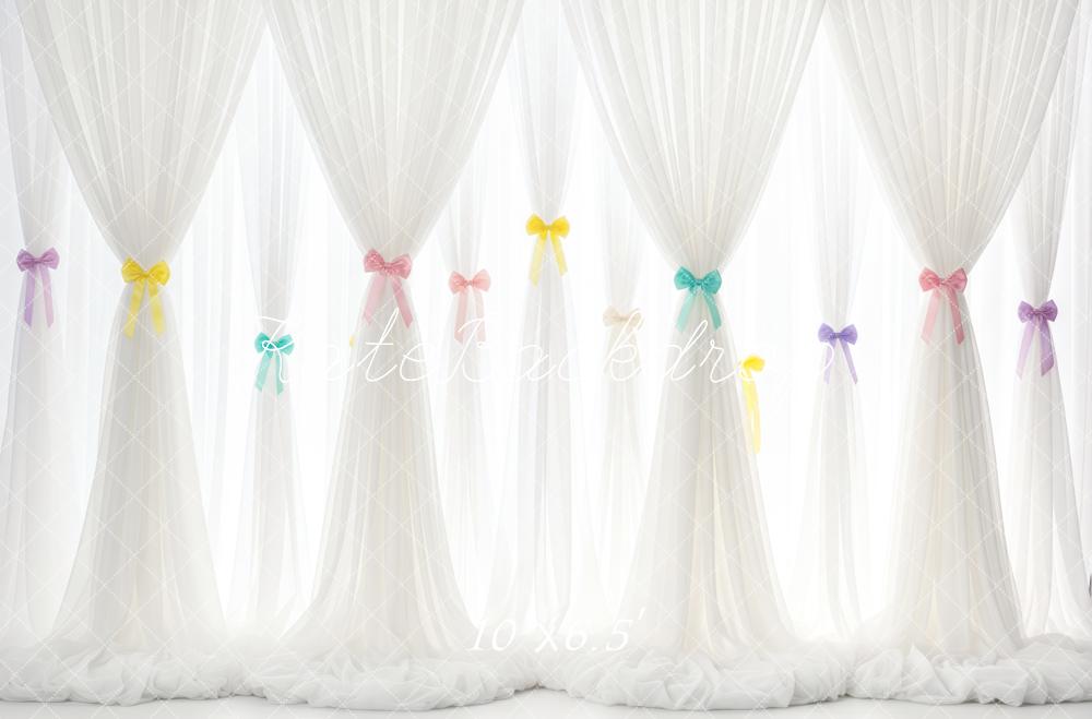 Kate White Sheer Curtains Pastel Bows Backdrop Designed by Patty Roberts
