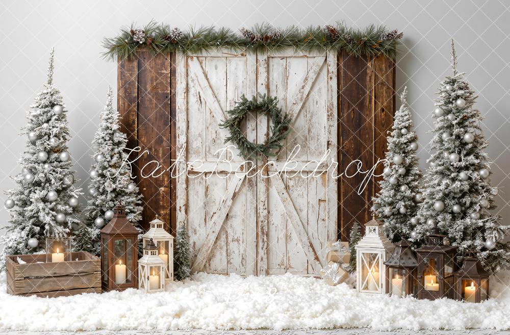 Kate Christmas Rustic Barn Door Snowy Trees Lanterns Printed Backdrop Designed by Emetselch