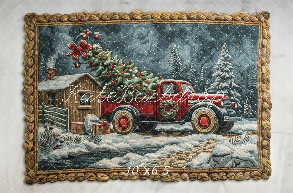 Kate Christmas Truck Snowy Cabin Floor Backdrop Designed by Laura Bybee