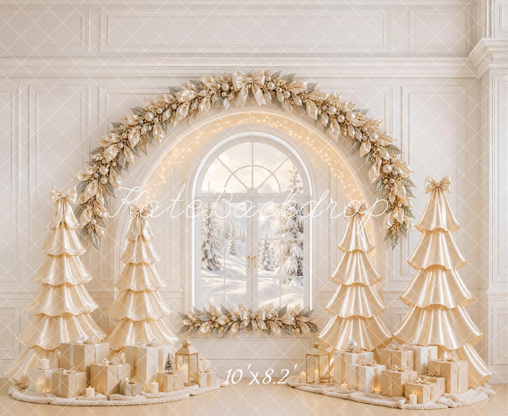 Kate Christmas Gold Satin Trees Garland Window Gifts Printed Backdrop Designed by Emetselch