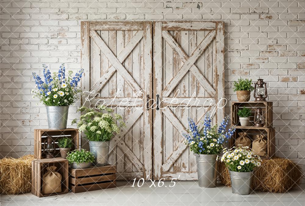 Kate Spring Rustic Barn Doors Crates Flowers Hay White Brick Wall Backdrop Designed by Emetselch