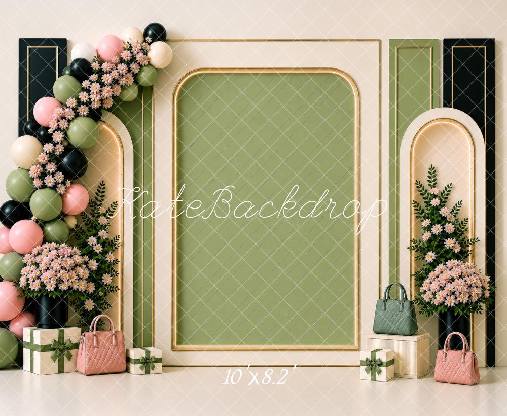 Kate  Birthday Luxury Sage Green Pink Floral Balloon Arch Gold Frame Handbag Printed Backdrop Designed by Shutter Swan Studios