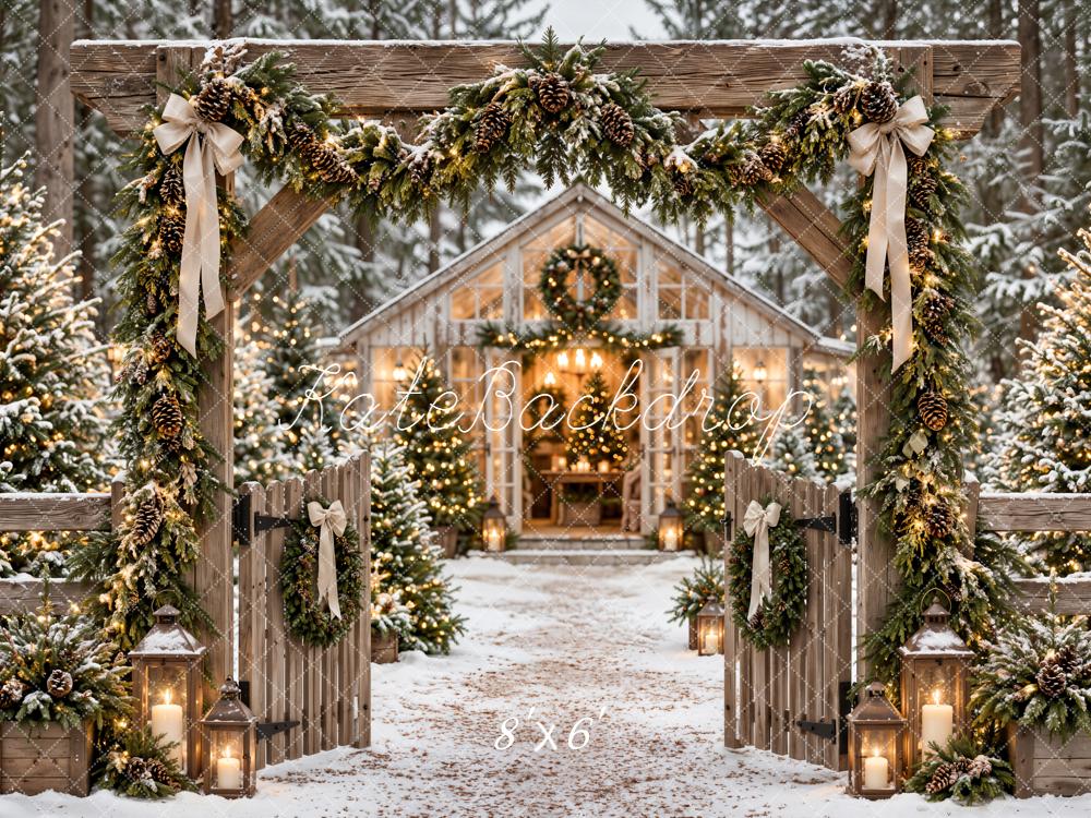 Kate Christmas Rustic Snowy Cabin Garland Archway Woodland Printed Backdrop Designed by Emetselch
