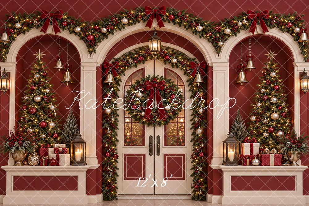 Kate Christmas Red Doorway Arch Garland Wreath Bells Printed Backdrop Designed by Vertigo Productions