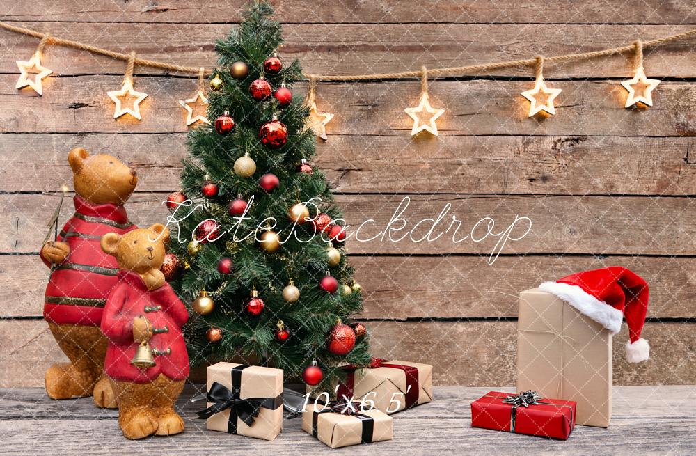 Kate Christmas Tree Bears Presents Rustic Wood Stars Printed Backdrop Designed by Fantasyphotoart