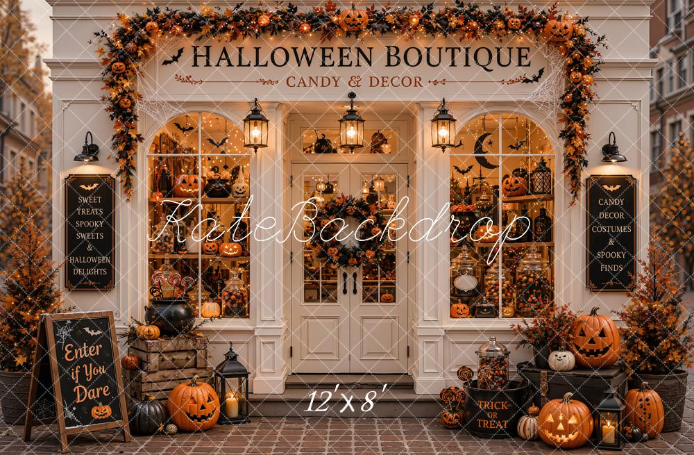 Kate Halloween Candy Boutique Pumpkin Storefront Garland Printed Backdrop Designed by Emetselch