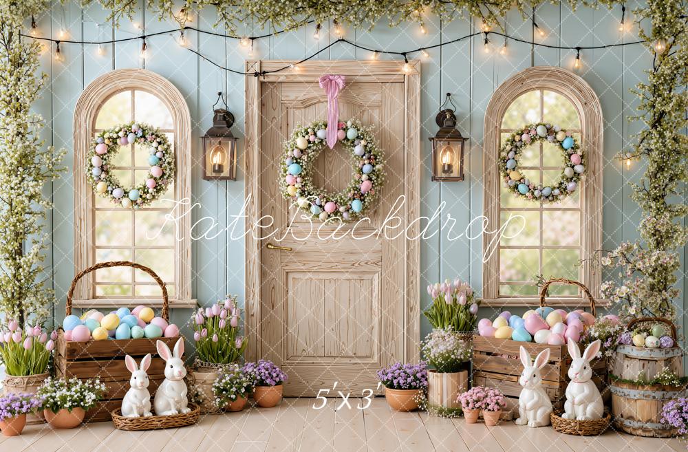 Kate Easter Bunny Blue Egg Wreath Door Greenery Printed Backdrop Designed by Emetselch