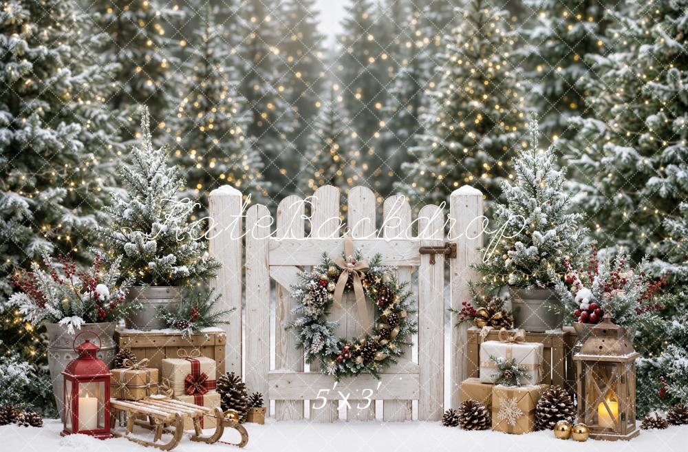 Kate Christmas Snowy Forest Gate Fence Lantern Gift Boxes Printed Backdrop Designed by Emetselch