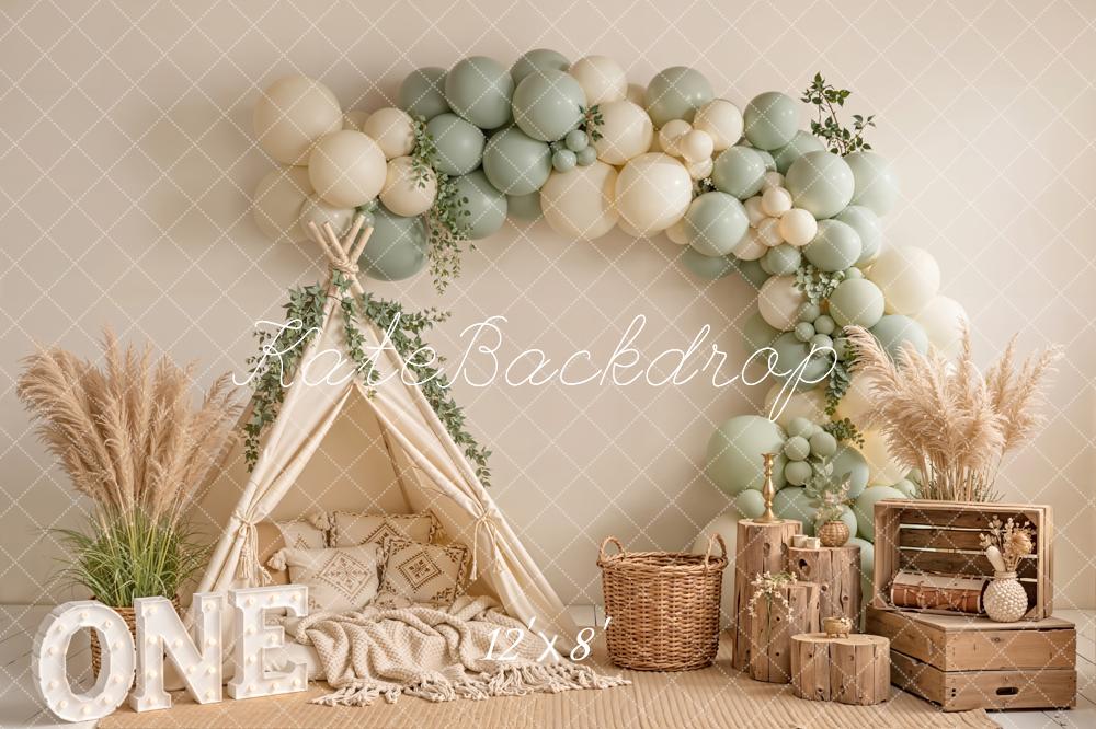 Kate Cake Smash Boho Balloon Arch Teepee Pampas Grass ONE Crates Printed Backdrop Designed by Emetselch