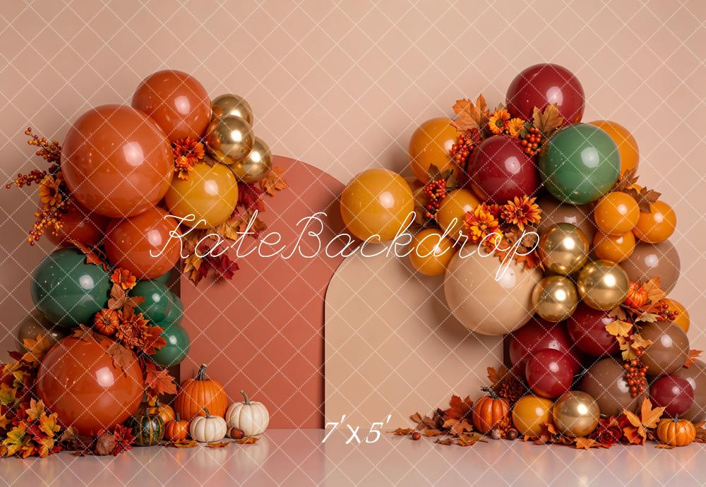 Kate Fall Birthday Balloon Arch Pumpkins Maple Leaves Printed Backdrop Designed by Emetselch