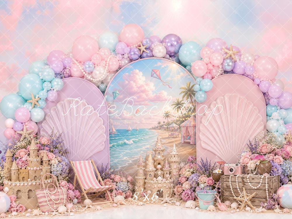 Kate Mermaid Pink Beach Shell Balloon Sandcastle Printed Backdrop Designed by Ashley Paul
