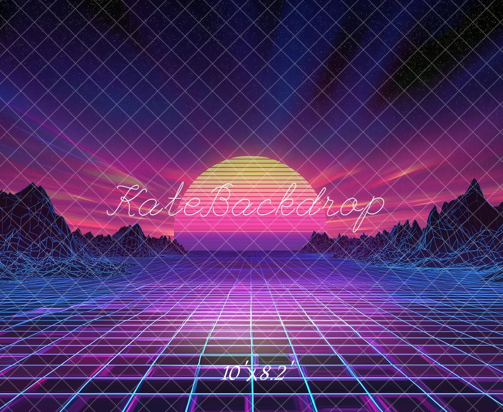 Kate Retro Grid Neon Sunset Landscape Printed Backdrop Designed by Angela Miller
