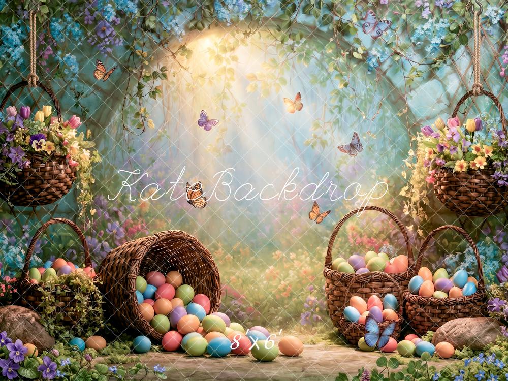 Kate Easter Fairy Forest Egg Basket Butterfly Floral Arch Printed Backdrop Designed by Angela Miller