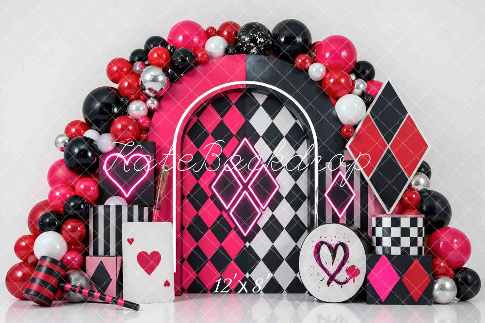 Kate Birthday Harlequin Diamonds Arch Balloons Pink Black Hearts Printed Backdrop Designed by Mini MakeBelieve