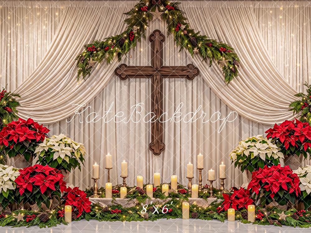 Kate Christmas Church Cross Altar Poinsettia Garland Printed Backdrop Designed by Angela Miller