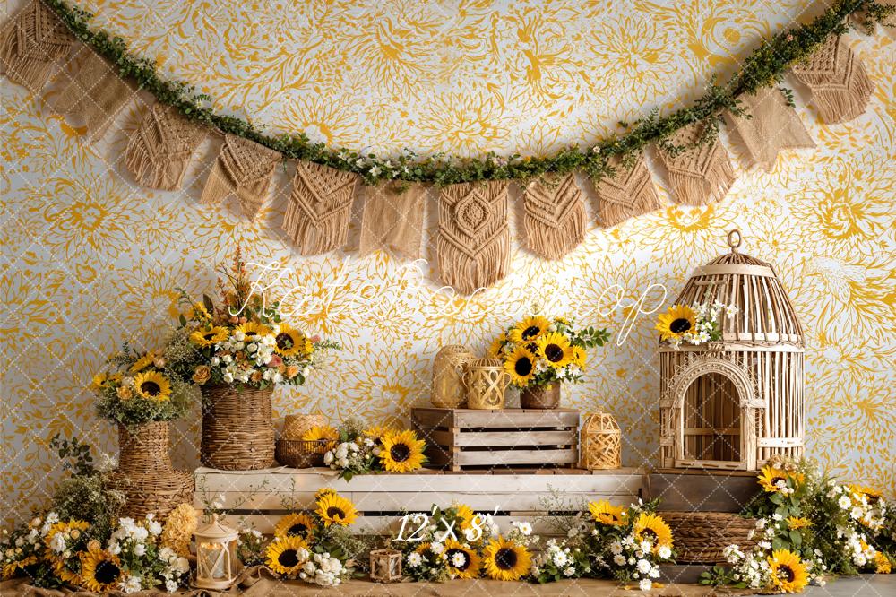 Kate Boho Sunflower Wicker Basket Birdcage Yellow Floral Printed Backdrop Designed by Emetselch